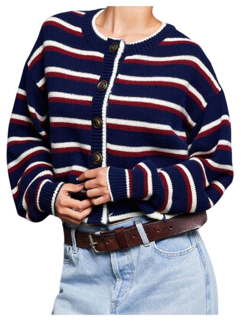 Women's Striped Cardigan Y2k Cropped Button Up Sweater